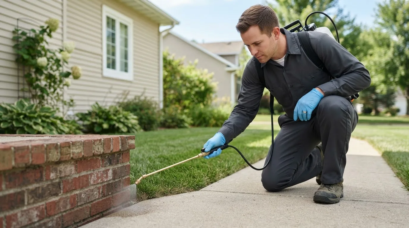 Pest control technician treating a home near Trenary, MI